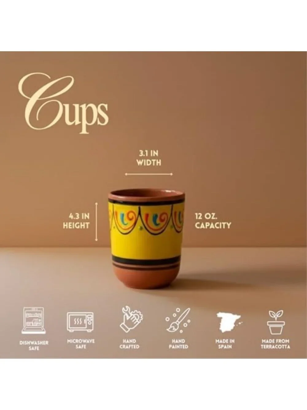Colorful 5-Piece Spanish Terracotta Cup Set | Handcrafted, Unique Kitchen Decor